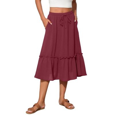 Witsmile Midi Skirts for Women Elastic High Waisted Skirts Below Knee with Pockets(Dusty Rose,L)