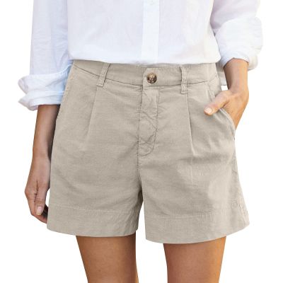 Midelxp Womens Linen Summer Casual Bermuda High Waisted Khaki Beach Shorts with Pockets Size X-Large (Waist Circumference: 34, Outseam Length: 25 inches) for Fashion-Conscious Active Women