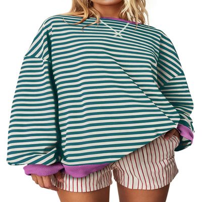 UEU Womens Oversized Y2K Sweatshirts Casual Fashion Trendy Crewneck Tunic Pullover Tops Malachite Green Striped XX-Large