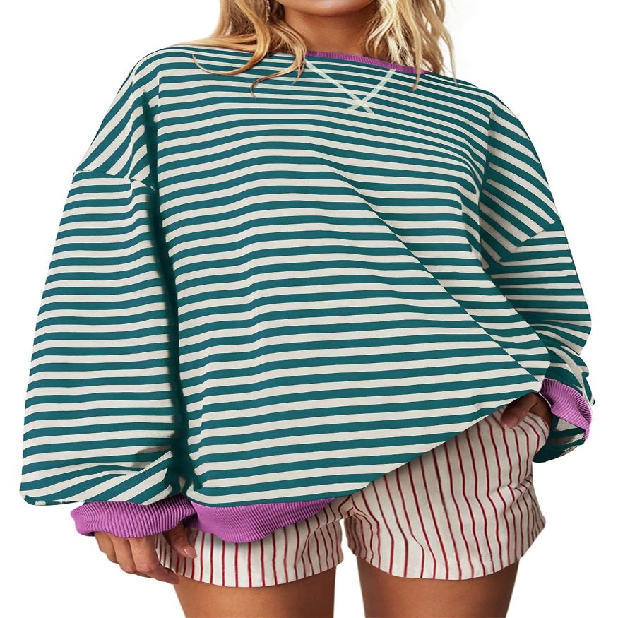 UEU Womens Oversized Y2K Sweatshirts Casual Fashion Trendy Crewneck Tunic Pullover Tops Malachite Green Striped XX-Large