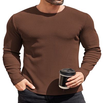 COOFANDY T Shirts for Men Thermal Underwear Crewneck Sweater Lightweight Slimming Baselayers Long Sleeve Shirts Brown
