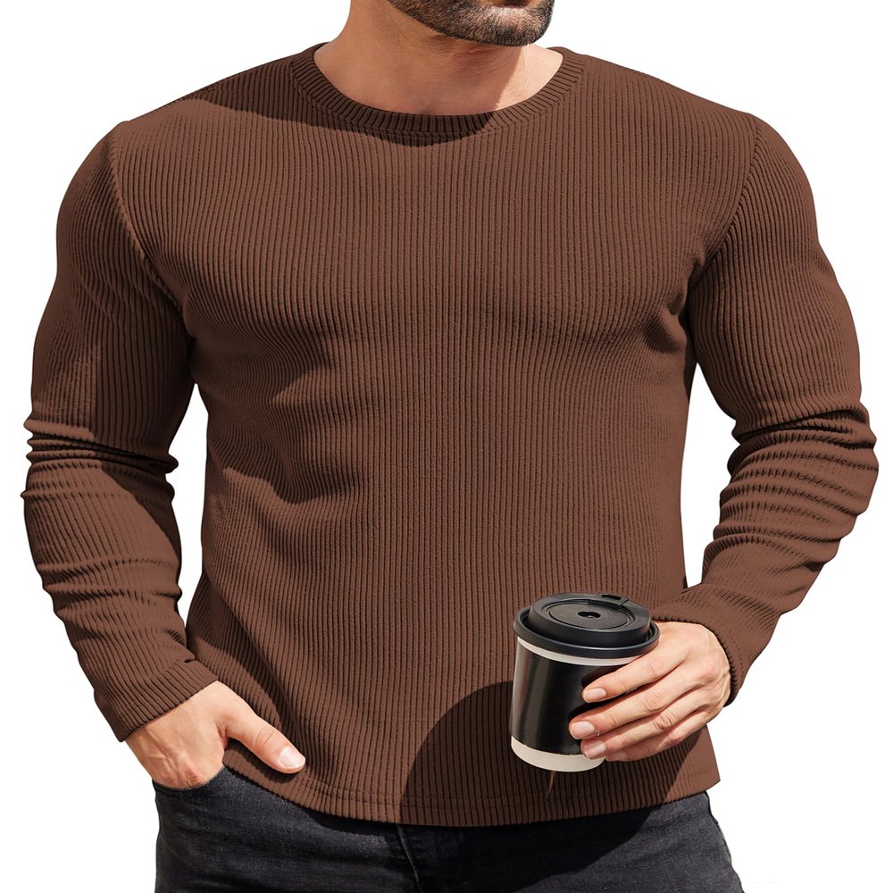 COOFANDY T Shirts for Men Thermal Underwear Crewneck Sweater Lightweight Slimming Baselayers Long Sleeve Shirts Brown