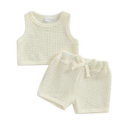 Baby Girls Summer Clothes Knit Sleeveless Solid Color Tank Tops Drawstring Casual Shorts 2Pcs Cute Playwear Outfits (Ivory, 3-4 Years)