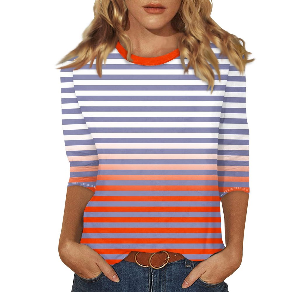 3/4 Length Sleeve Tunic Womens Tops,Basic Tees for Women Pack Running Tops for Women Striped Tee Cute Tops Y2K Elbow Sleeve Tops Work Tops for Women 2024 Crew Neck Shirts for Women Orange XL