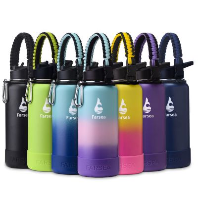 Farsea Insulated Water Bottle With Paracord Handle, Protective Boot and 2 Lids (Straw Lid & Spout Lid), Stainless Steel Water Bottle Wide Mouth, Double Wall Sweat-Proof BPA-Free, 32 oz