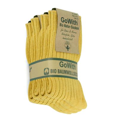 GoWith 4 Pairs Unisex Natural 97% Cotton Crew Socks, Comfy Cozy Breathable Seamless Casual Socks for Men & Women, Mustard, Small, Model 3014