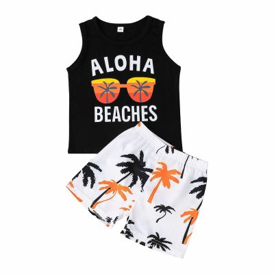 AMIMOJY Toddler Baby Boys Hawaiian Summer Clothes Beach Sleeveless Vest Top Coconut Tree Prints Tops Shorts 2Pcs Outfits Set, 3-4Y, Black