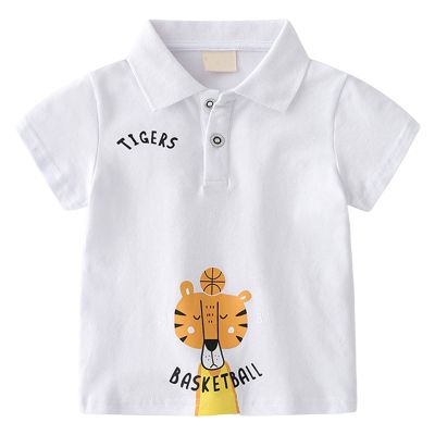 Betadog Baby Boys Cartoon Printed Shirts Toddler Boys Short Sleeve Color Blocked Cotton Tops Solid (White, 2-3 Years)