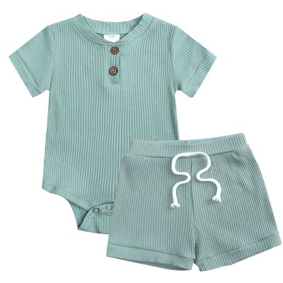 AMIMOJY Boys Girls Set Summer Round Neck Tops Toddler Baby Solid Color Short Sleeve Romper Elasticized Shorts 2 Pcs Outfits Blue, 3-6M