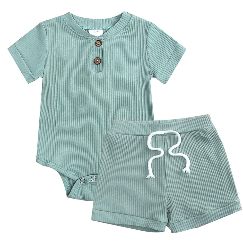 AMIMOJY Boys Girls Set Summer Round Neck Tops Toddler Baby Solid Color Short Sleeve Romper Elasticized Shorts 2 Pcs Outfits Blue, 3-6M