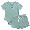 AMIMOJY Boys Girls Set Summer Round Neck Tops Toddler Baby Solid Color Short Sleeve Romper Elasticized Shorts 2 Pcs Outfits Blue, 3-6M view 1