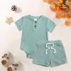 AMIMOJY Boys Girls Set Summer Round Neck Tops Toddler Baby Solid Color Short Sleeve Romper Elasticized Shorts 2 Pcs Outfits Blue, 3-6M view 2