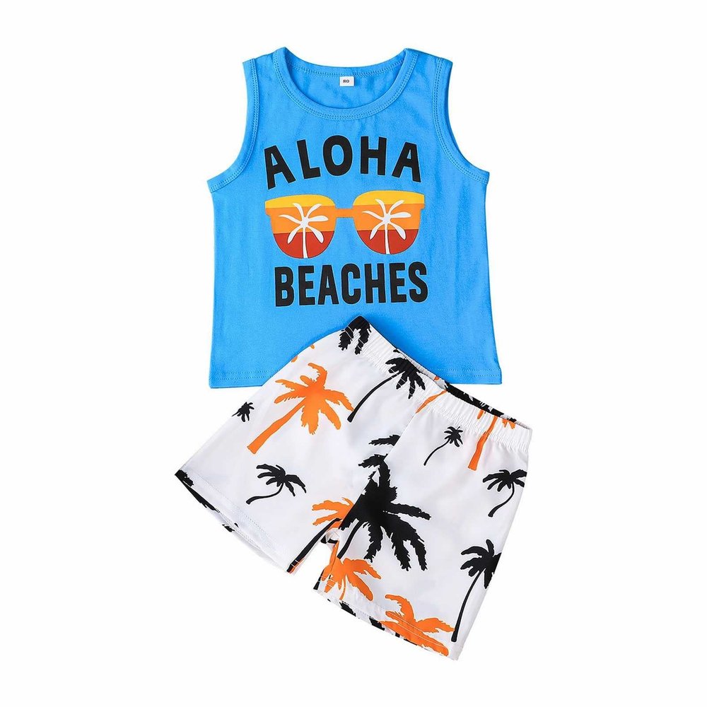 AMIMOJY Toddler Baby Boys Hawaiian Summer Clothes Beach Sleeveless Vest Top Coconut Tree Prints Tops Shorts 2Pcs Outfits Set, 18-24M, Blue