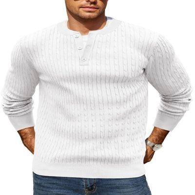 COOFANDY Mens Henley Sweater Slim Fit Knit Pullover White Sweater for Casual Dressy Wear