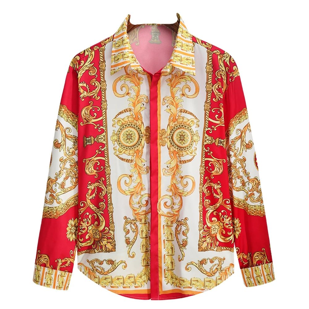 NineFit Basics Men's Royal Long Sleeve Shirts Casual Slim Fit Soft and Smooth Paisley Printed Shirt Party Shirt for Man Red L