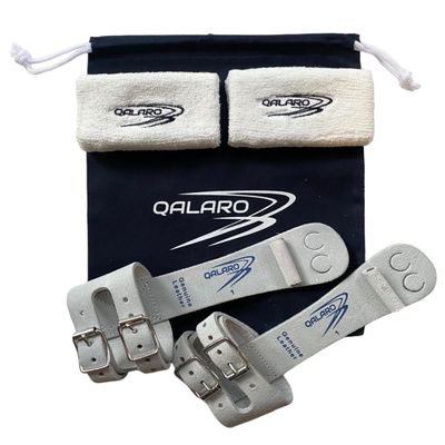 QALARO Double Buckle PRO Slim Grips for Girls Gymnastics | Dowel Grips, 4" White Wristbands, Grip Bag | Gymnastics Grips for Girls | Youth Bar Grips | Gymnastics Gloves