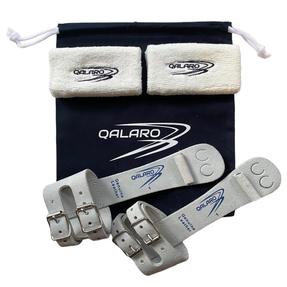 QALARO Double Buckle PRO Slim Grips for Girls Gymnastics | Dowel Grips, 4" White Wristbands, Grip Bag | Gymnastics Grips for Girls | Youth Bar Grips | Gymnastics Gloves
