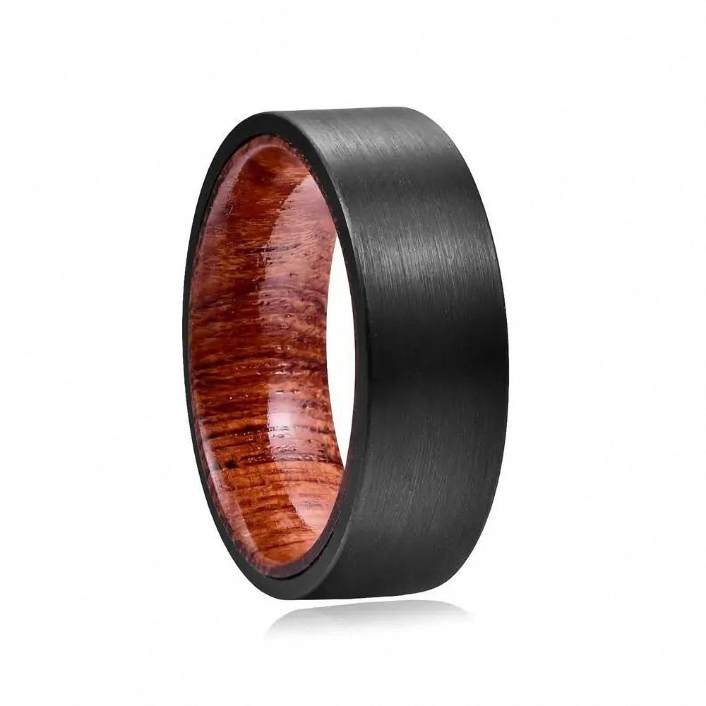 8 mm Width Tungsten Carbide Ring Black Brushed Surface Wooden Inner Ring Tungsten Steel Wedding Band Men's Ring 9