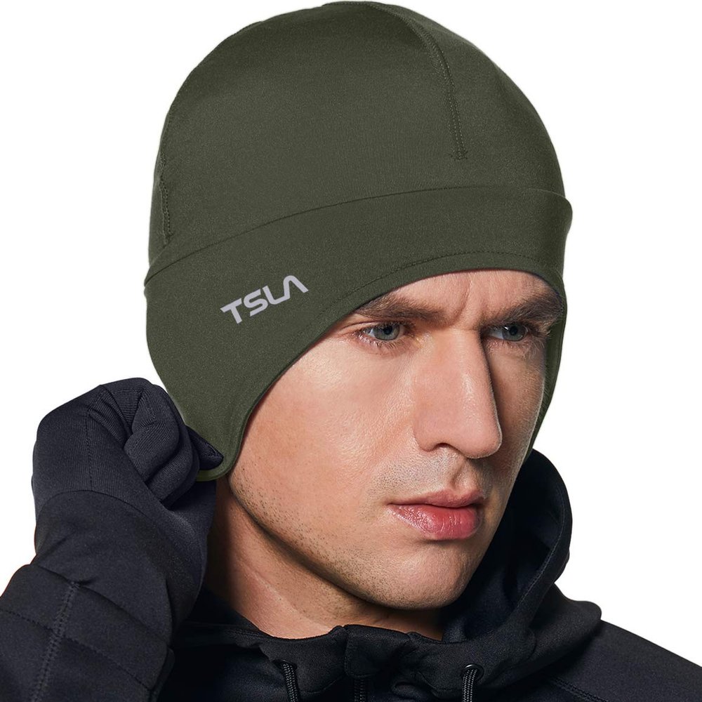 TSLA Men and Women Thermal Fleece Skull Cap, Winter Ski Cycling Under Helmet Liner, Running Beanie Hat, Skull Cap with Ear Cover Green, Medium