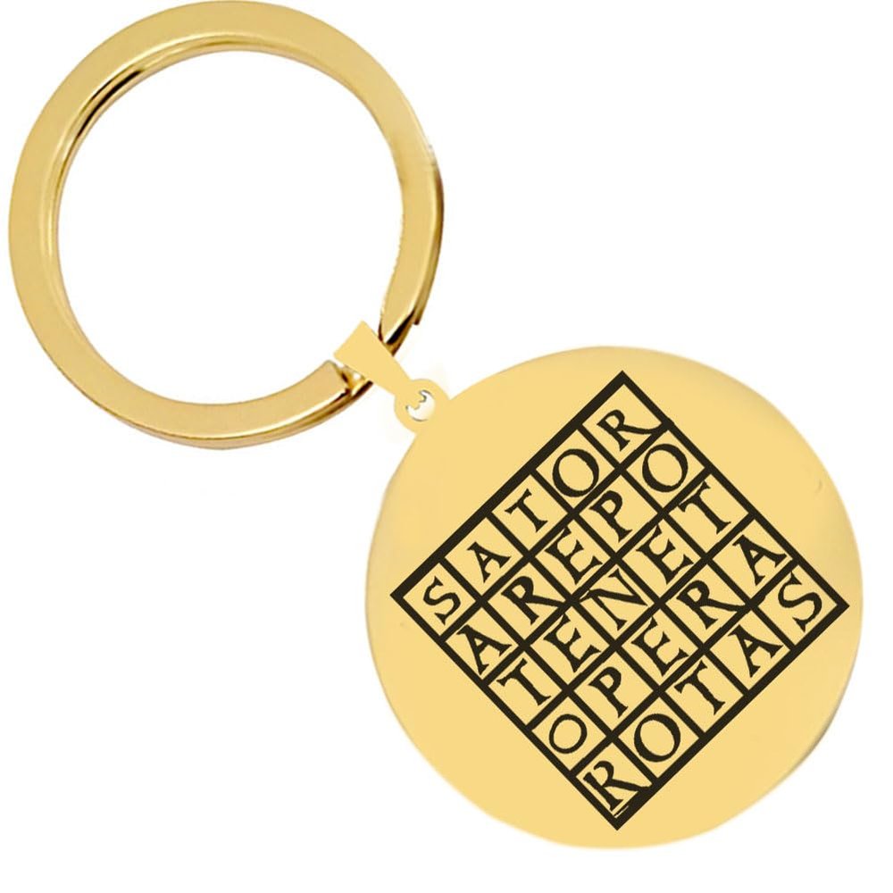KOVEVE 2PCS Engraved Sator Square Talisman Latin Silver Stainless Steel Keychain Gold, Medium