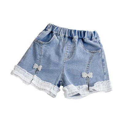 Baby Girls Summer Denim Shorts Flower Embroidery Elastic Waistband Jeans Toddler Girls Lace Sweat (Blue, 4-5 Years)