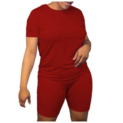 Nisdediwo Athletic Shirts For Womens Two Piece Summer Plus Size Round Neck T-Shirt Tops Biker Shorts Gym Workout Tracksuit, XX-Large, 01-wine