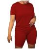 Nisdediwo Athletic Shirts For Womens Two Piece Summer Plus Size Round Neck T-Shirt Tops Biker Shorts Gym Workout Tracksuit, XX-Large, 01-wine view 1