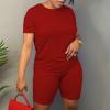 Nisdediwo Athletic Shirts For Womens Two Piece Summer Plus Size Round Neck T-Shirt Tops Biker Shorts Gym Workout Tracksuit, XX-Large, 01-wine view 2