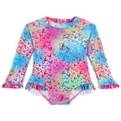 Alakuoti Toddler Girl Rainbow Heart Ruffle One Piece Swimsuit with UPF 50+ Sun Protection, Long Sleeve, Zipper Back, 2-3T