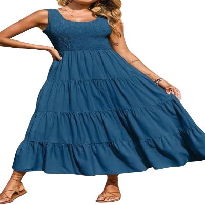 ebossy Women's Summer Shirred Stretchy Tank Top Swing Dress Solid Plain Tiered Casual Long Dress (Small, Peacock Blue)