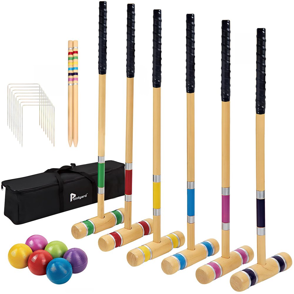 Pointyard 28" Croquet Set for 6 Players - Premium Wooden Mallets, Colored Balls & Carry Bag - Outdoor Games for Adults/Families at Lawn, Beach, Yard Game,Anti-Slip Handle