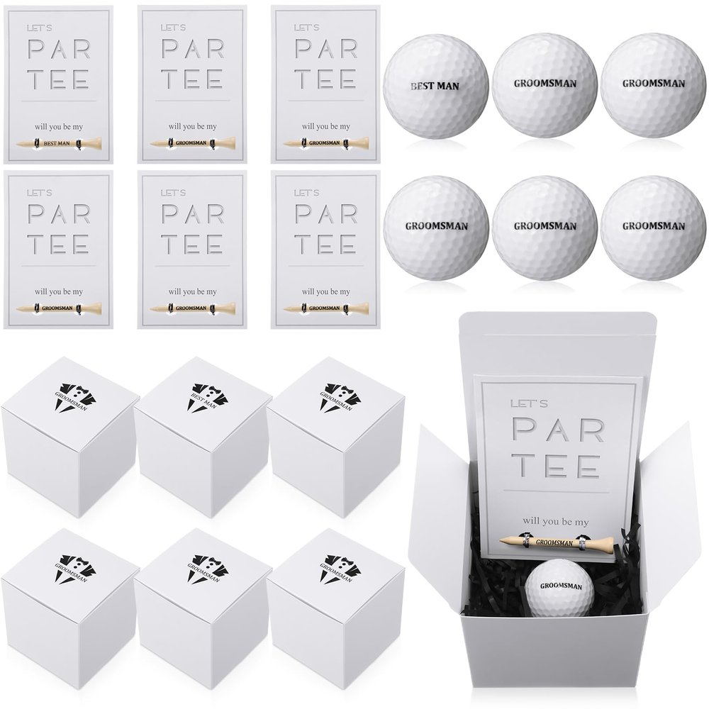 WinnerWhy 6 Sets Groomsman Proposal Gift Box With Golf Ball, Bamboo Tees, Invitation Cards - Accessories for Wedding, Best Men, DIY - Black, White