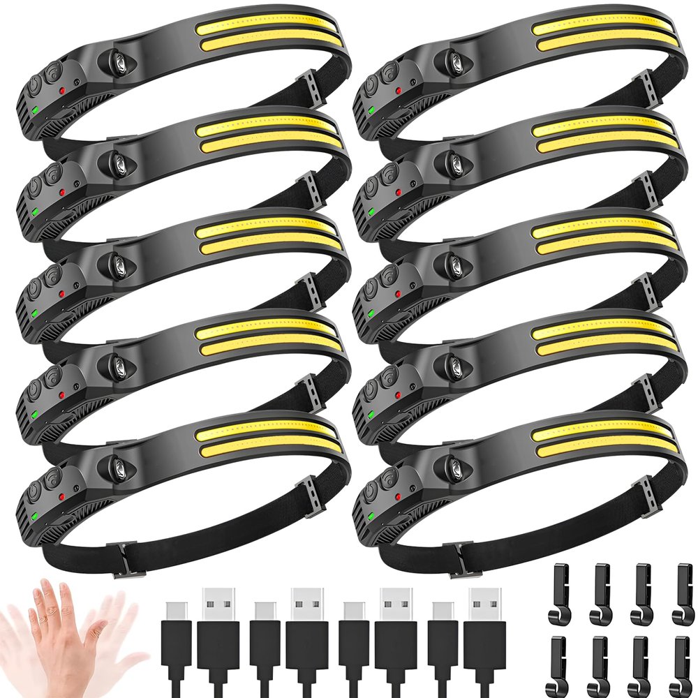 FLUEFOWL New LED Headlamp Rechargeable, 230 COB Super Bright Head Lights for Forehead, 6Mode Hard Hat Light for Adults, USB C Headband Flashlight for Work, Hiking, Running, Camping (10Pack)