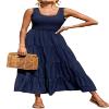 ebossy Women's Summer Shirred Stretchy Tank Top Swing Dress Solid Plain Tiered Casual Long Dress (Medium, Navy Blue) view 1
