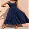 ebossy Women's Summer Shirred Stretchy Tank Top Swing Dress Solid Plain Tiered Casual Long Dress (Medium, Navy Blue) view 2