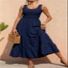 ebossy Women's Summer Shirred Stretchy Tank Top Swing Dress Solid Plain Tiered Casual Long Dress (Medium, Navy Blue) view 3