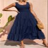 ebossy Women's Summer Shirred Stretchy Tank Top Swing Dress Solid Plain Tiered Casual Long Dress (Medium, Navy Blue) view 4
