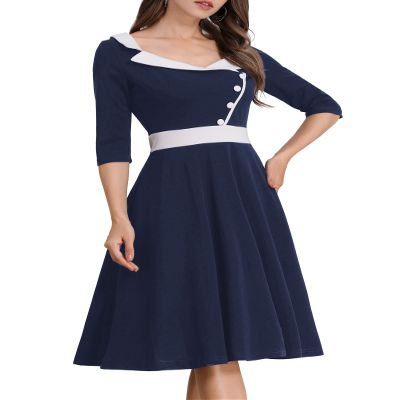 1950s Navy Blue Mid calf Retro Sweetheart Neckline Swing Dress - Cocktail & Church Occasion - Ladies' 50s XLarge