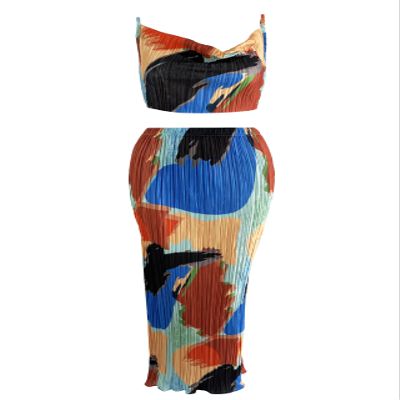Pluto & Fox Women 2 Piece Pleated Beach Vacation Outfits Casual Sleeveless Crop Tops High Waisted Maxi Skirt Sets(US, Alpha, X-Large, Regular, Regular, colorful 1)