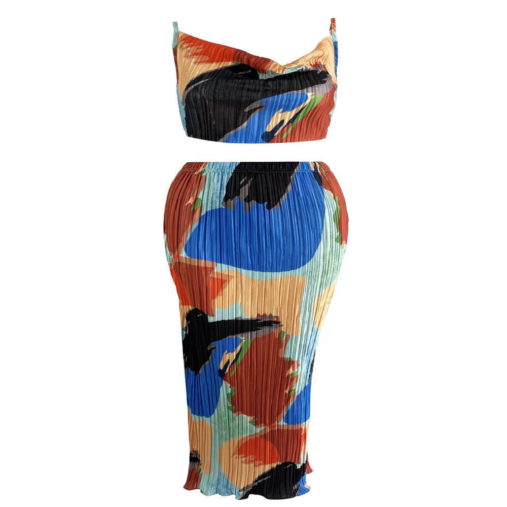 Pluto & Fox Women 2 Piece Pleated Beach Vacation Outfits Casual Sleeveless Crop Tops High Waisted Maxi Skirt Sets(US, Alpha, X-Large, Regular, Regular, colorful 1)