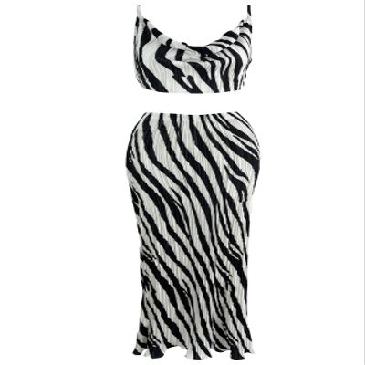 Pluto & Fox Women 2 Piece Pleated Beach Vacation Outfits Casual Sleeveless Crop Tops High Waisted Maxi Skirt Sets(US, Alpha, X-Large, Regular, Regular, Zebra Print)