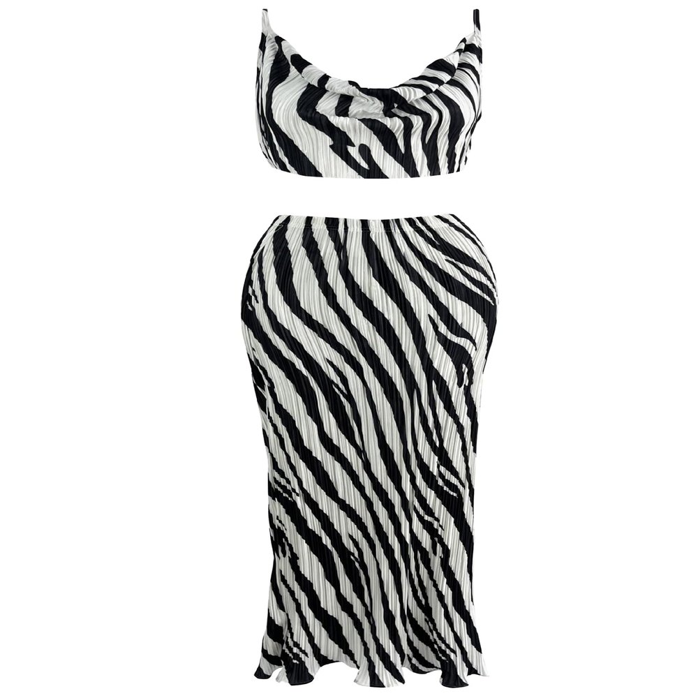 Pluto & Fox Women 2 Piece Pleated Beach Vacation Outfits Casual Sleeveless Crop Tops High Waisted Maxi Skirt Sets(US, Alpha, X-Large, Regular, Regular, Zebra Print)