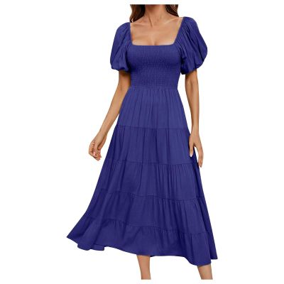 QXQYGRZ Womens 2024 High Waist Tiered Smocked Dresses Chiffon Puff Sleeve Dresses Square Neck Ruffle Maxi Formal Dress Blue