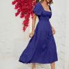 QXQYGRZ Womens 2024 High Waist Tiered Smocked Dresses Chiffon Puff Sleeve Dresses Square Neck Ruffle Maxi Formal Dress Blue view 3
