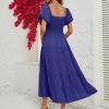 QXQYGRZ Womens 2024 High Waist Tiered Smocked Dresses Chiffon Puff Sleeve Dresses Square Neck Ruffle Maxi Formal Dress Blue view 4