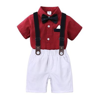MYGBCPJS Boy Gentleman Outfits Set Toddler Baby 3pcs Stripe Short Sleeve Shirt + Bow Tie + Detachable Suspenders Shorts Suit