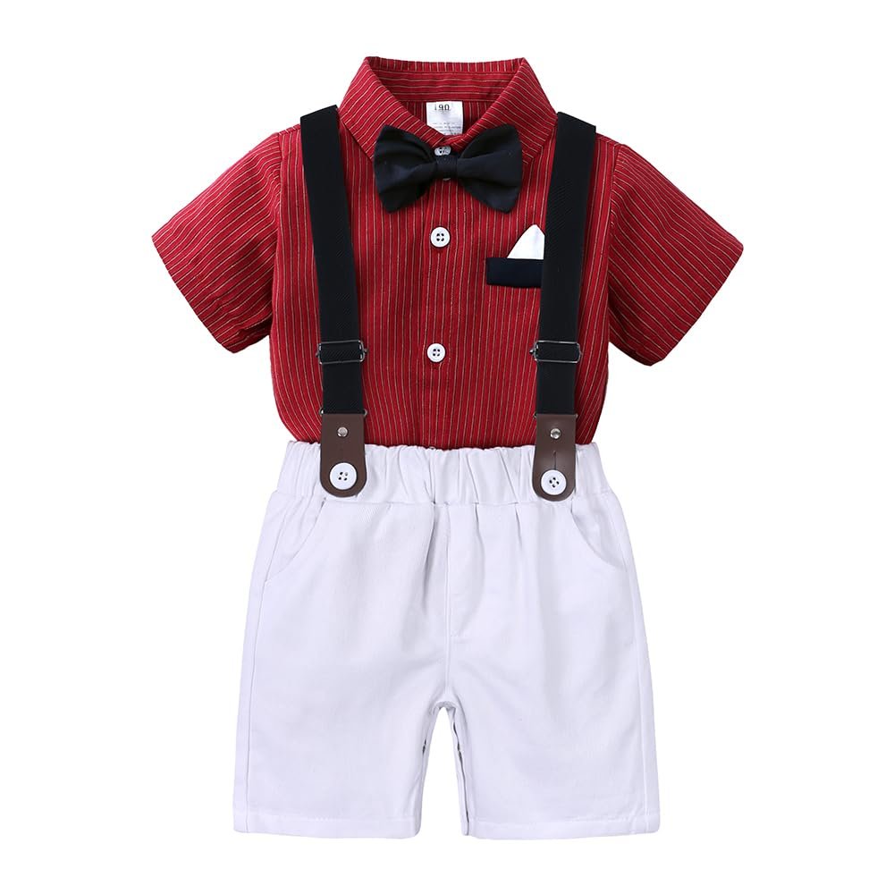 MYGBCPJS Boy Gentleman Outfits Set Toddler Baby 3pcs Stripe Short Sleeve Shirt + Bow Tie + Detachable Suspenders Shorts Suit