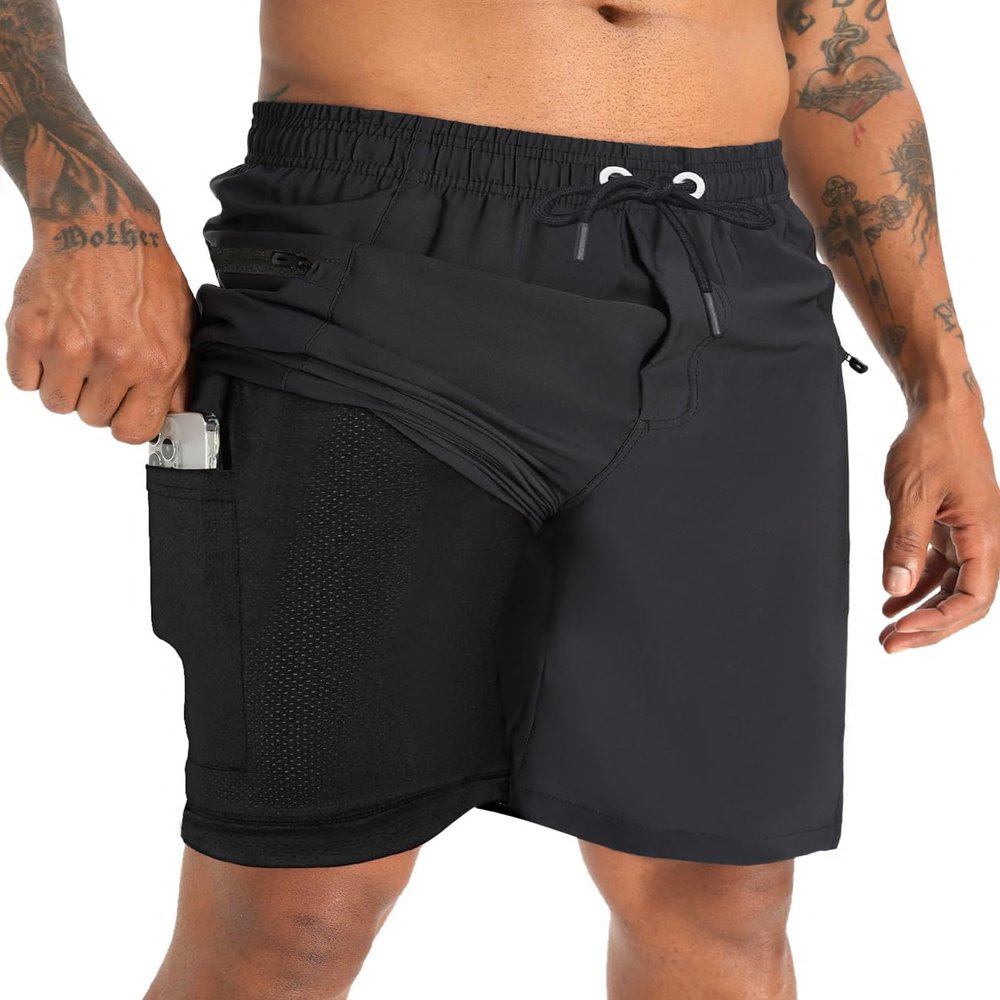 APTRO 2 in 1 Men's Swim Trunks 9" with Zipper Pockets Bathing Suit Built-in Board Shorts Swimwear Long Shorts Black 2X