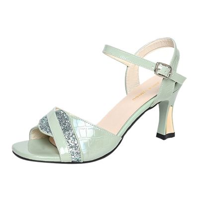 NineFit Basics Sandals For Women Ladies Chunky Heel High Heel Fish Mouth Rhinestone Sandals Outdoor Slipper (Mint Green, 7)