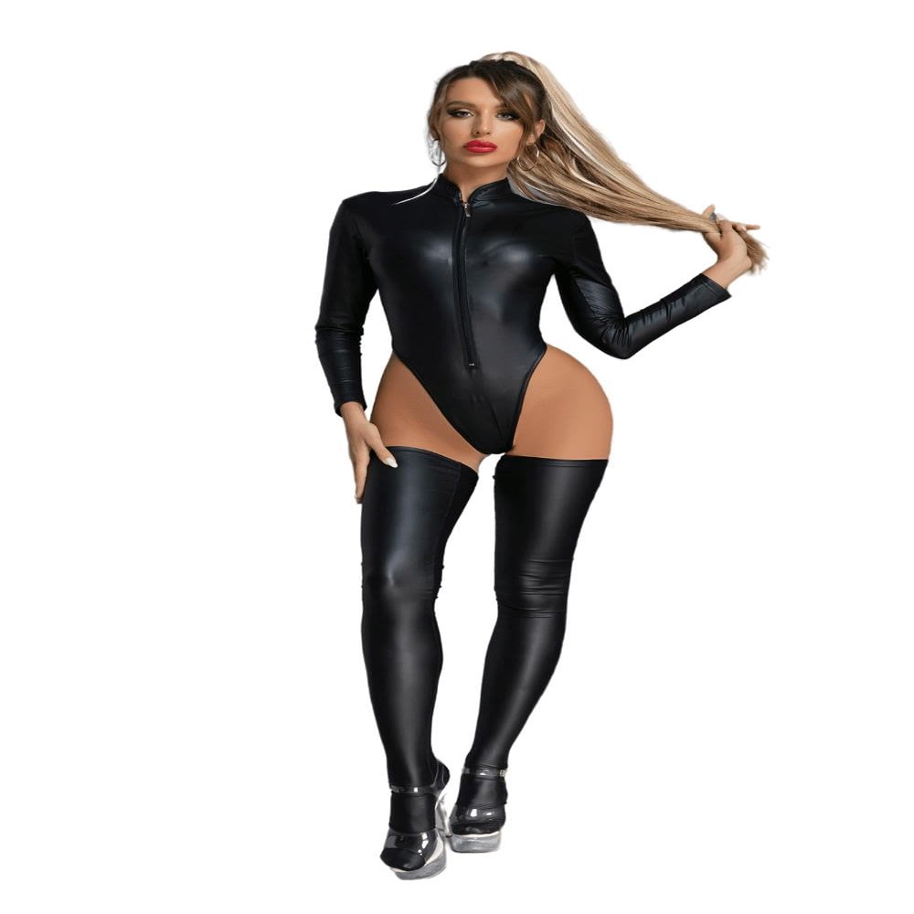 SYZYN Women Wet Look Black Leather Bodysuit Jumpsuit One-piece Long Sleeved Leotards Catsuit with Stockings (XL)